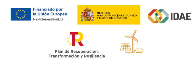 Logo Next Generation, Ministerio para La Transición Ecológica y el Reto Demográfico, IDAE, Plan de Recuperación, Transformación y Resilencia, Energías Renovables